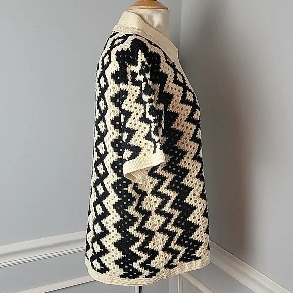 ILLA ILLA Cream Black Crochet Knit Collared V-Neck Short Sleeve Cardigan Sweater - Picture 4 of 12